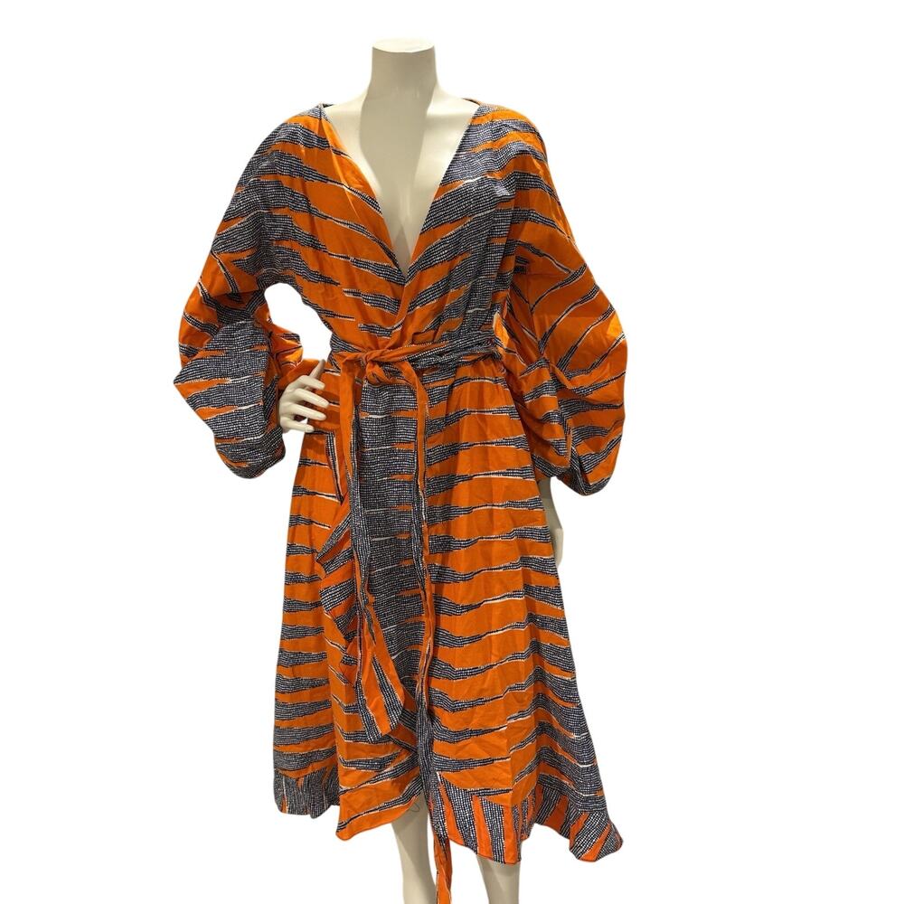 OFUURE Medium Bold Wrap Dress 100% Cotton Geometric Print Orange Navy Pockets
